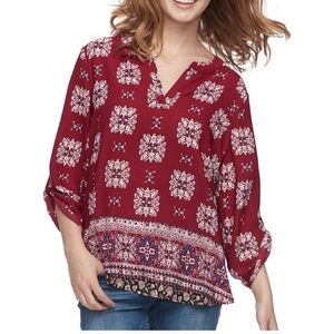 Pink‎ Republic Popover Top Wine Large 3/4 Sleeves with Button